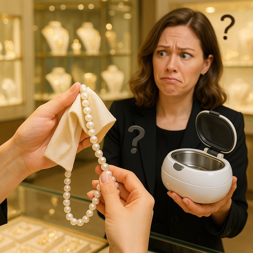 Close up image of a luminous pearl necklace being gently cleaned with a soft cloth