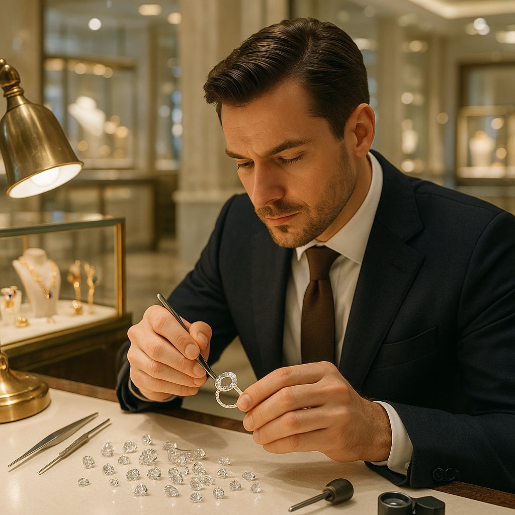 Close-up of a jeweler's hand using a precision tool to set a tiny diamond into the halo setting of an engagement ring at Robinson's Jewelers.