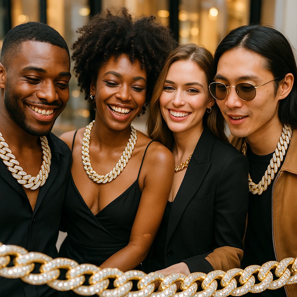 Luxury men's diamond Cuban link chain on black background