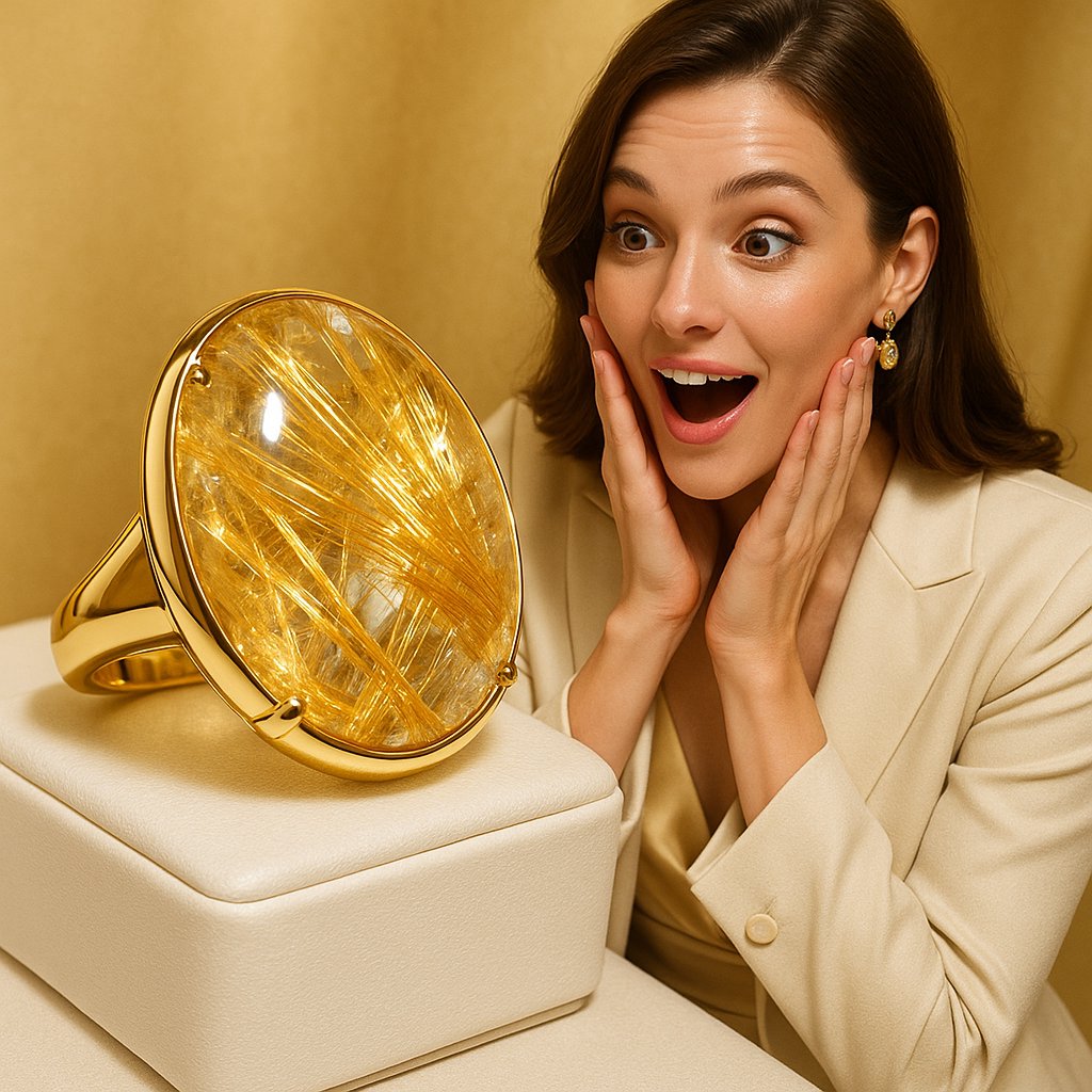 Close up of a stunning Rutilated Quartz gemstone showcasing brilliant golden rutile needles trapped within clear crystal at Robinson's Jewelers
