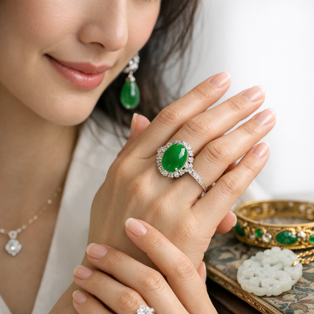 A collection of stunning green and lavender jade bangles and carved pendants on display illustrating the cultural significance of jade in Chinese jewelry.