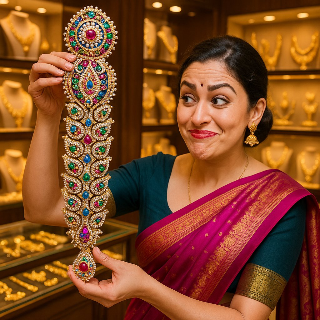 Stunning traditional Indian Jadanagam headpiece with intricate gold work and red gemstones adorning a long braid