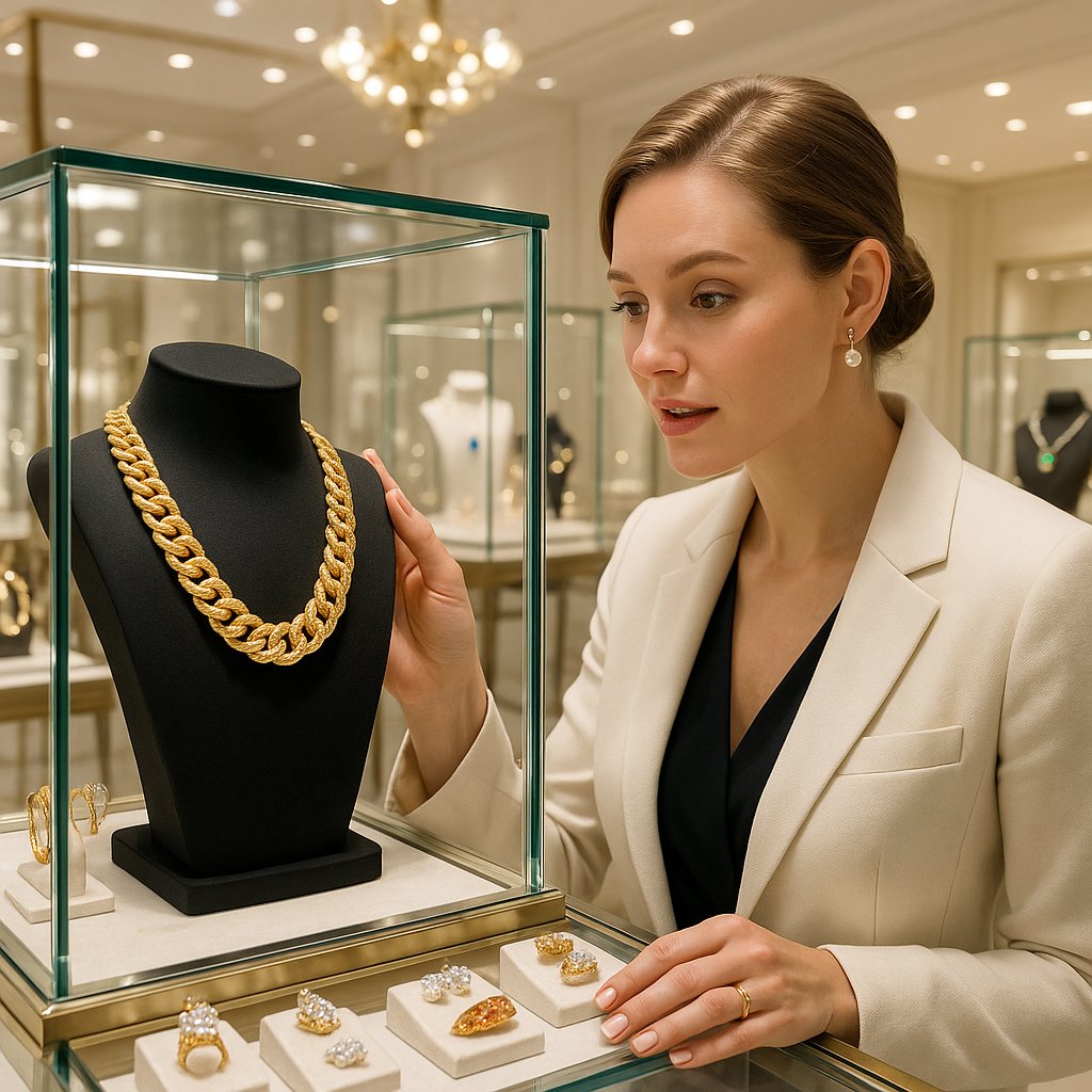 A stunning assortment of gold and silver curb chain necklaces and bracelets displayed at Robinson's Jewelers