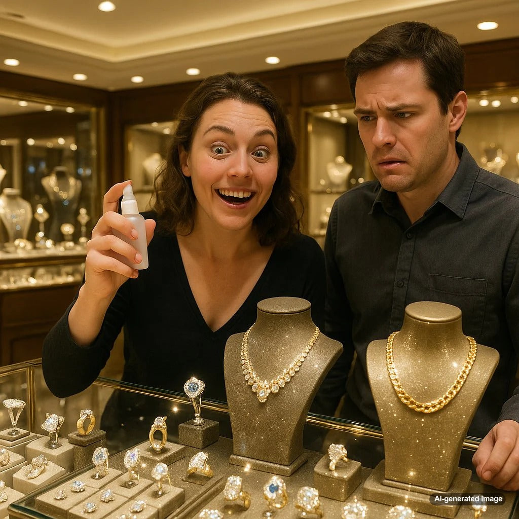 Close up image showing the damaging effects of harsh chemicals on fine jewelry, with a dull ring next to a sparkling one.