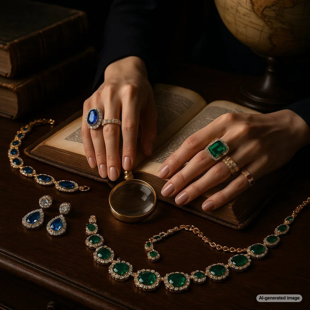 A collection of dark academia inspired fine jewelry featuring signet rings, cameo pendants, and vintage styles against a background of old books and classical textures.