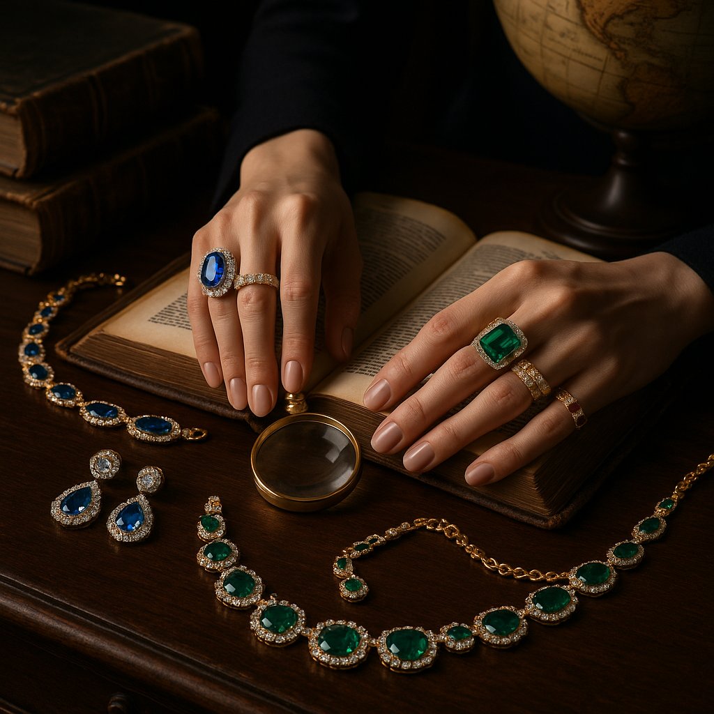 A collection of dark academia inspired fine jewelry featuring signet rings, cameo pendants, and vintage styles against a background of old books and classical textures.