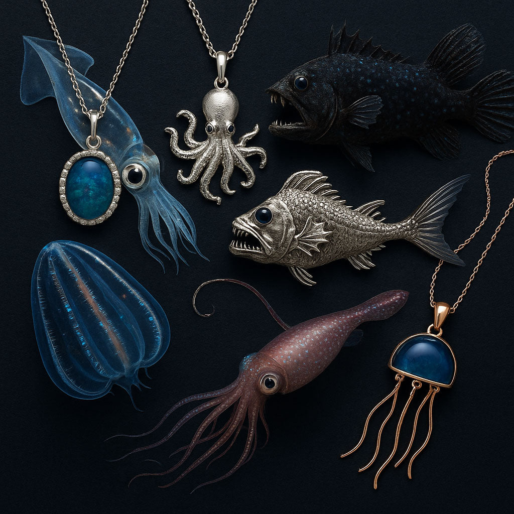 Oceanic jewelry inspired by deep-sea creatures, featuring seahorses, starfish, and shells in elegant designs