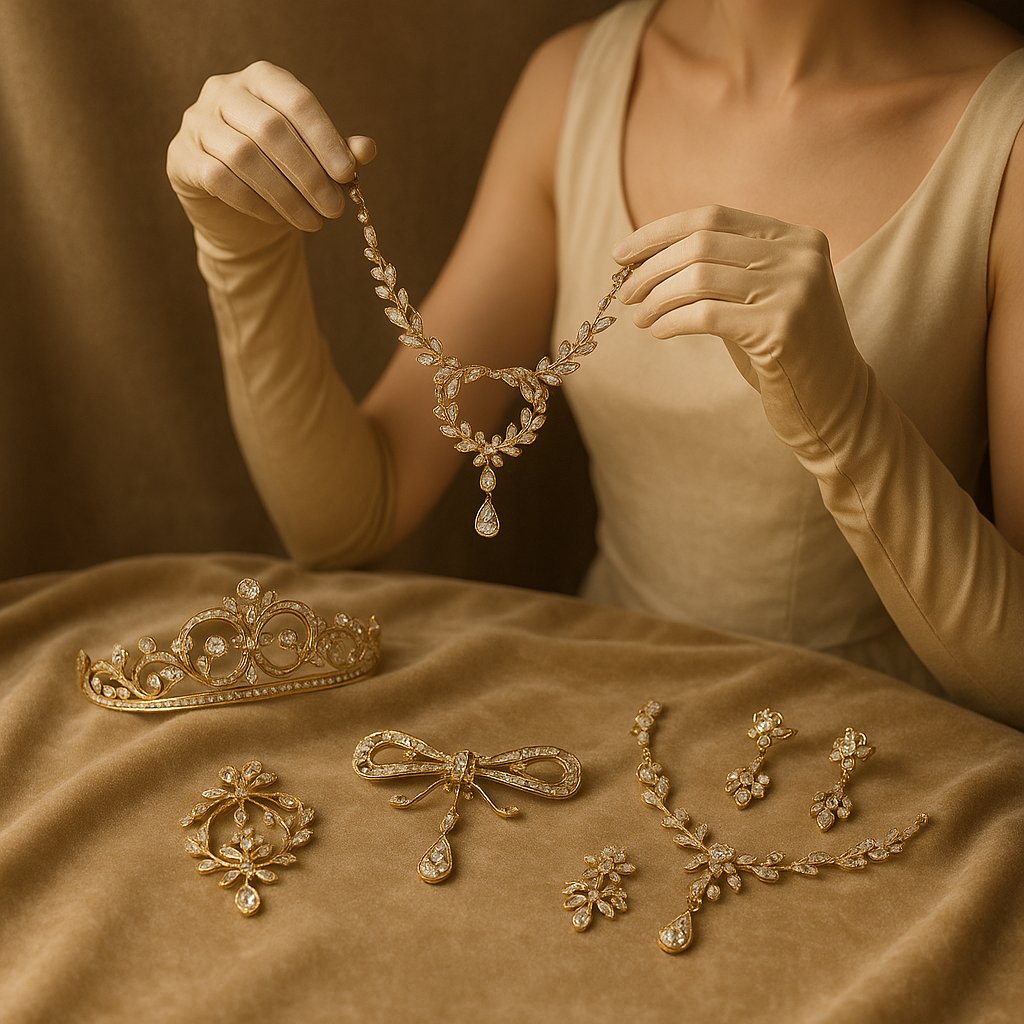 An exquisite example of Edwardian Garland Style jewelry featuring delicate platinum filigree and sparkling diamonds in a floral motif.