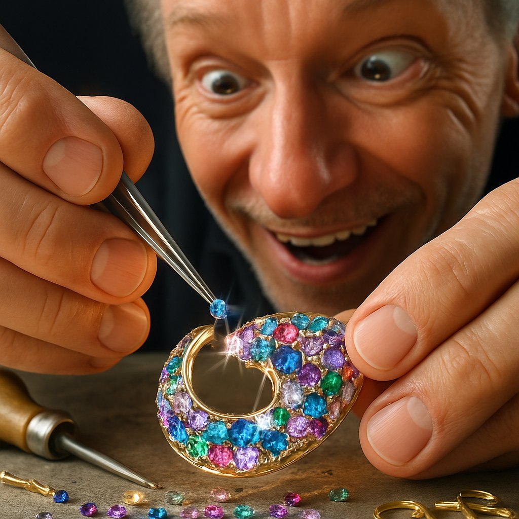 Close-up of a stunning intarsia jewelry piece showing intricate inlaid gemstone mosaic work in malachite, lapis lazuli, and coral.