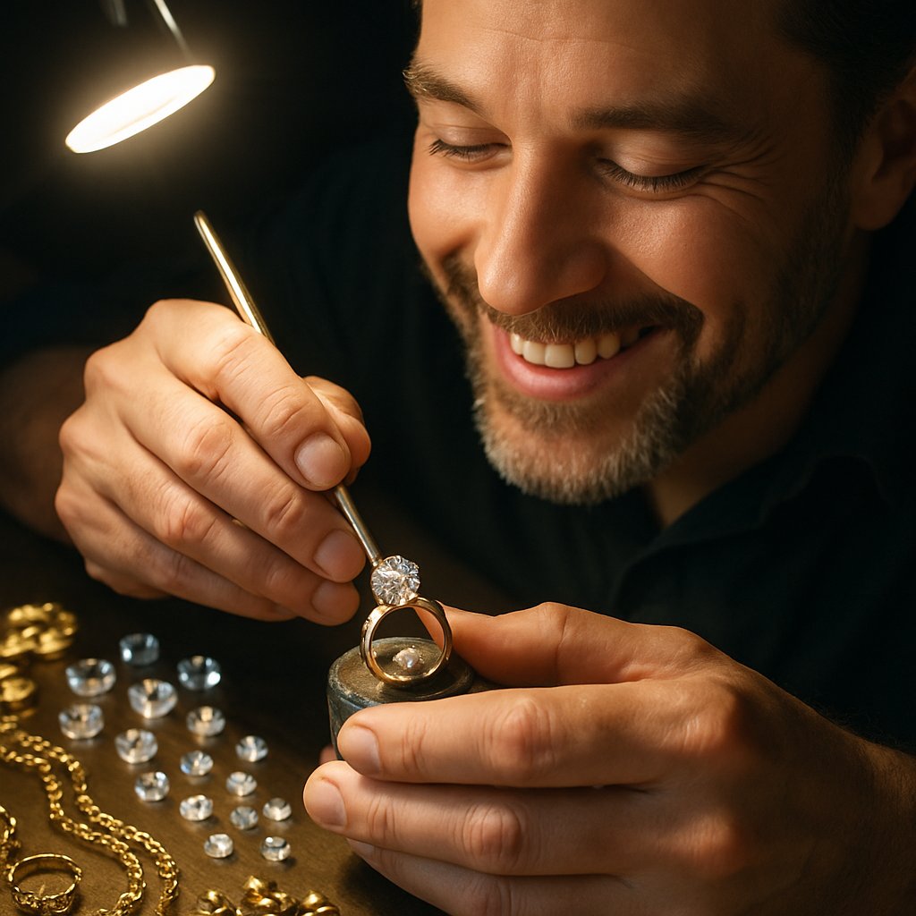 Close-up detail of a master gem setter's hands securing a brilliant diamond in an elegant prong setting