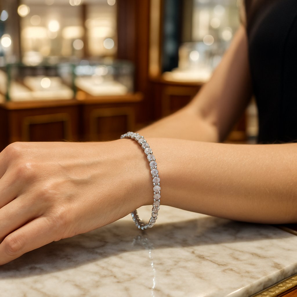Close-up image of a stunning flexible diamond tennis bracelet gracefully curving on a woman's wrist.