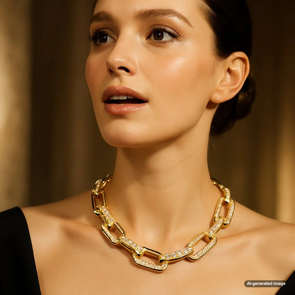 Close-up of a beautifully crafted gold paperclip chain necklace, showcasing its elegant elongated links and modern design.