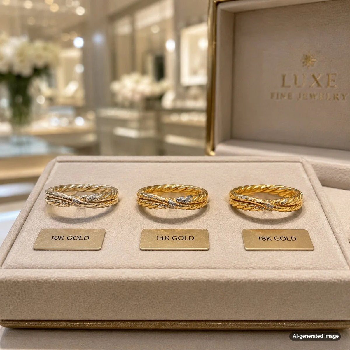 A visual comparison of 10K, 14K, and 18K gold jewelry showcasing color and purity differences.