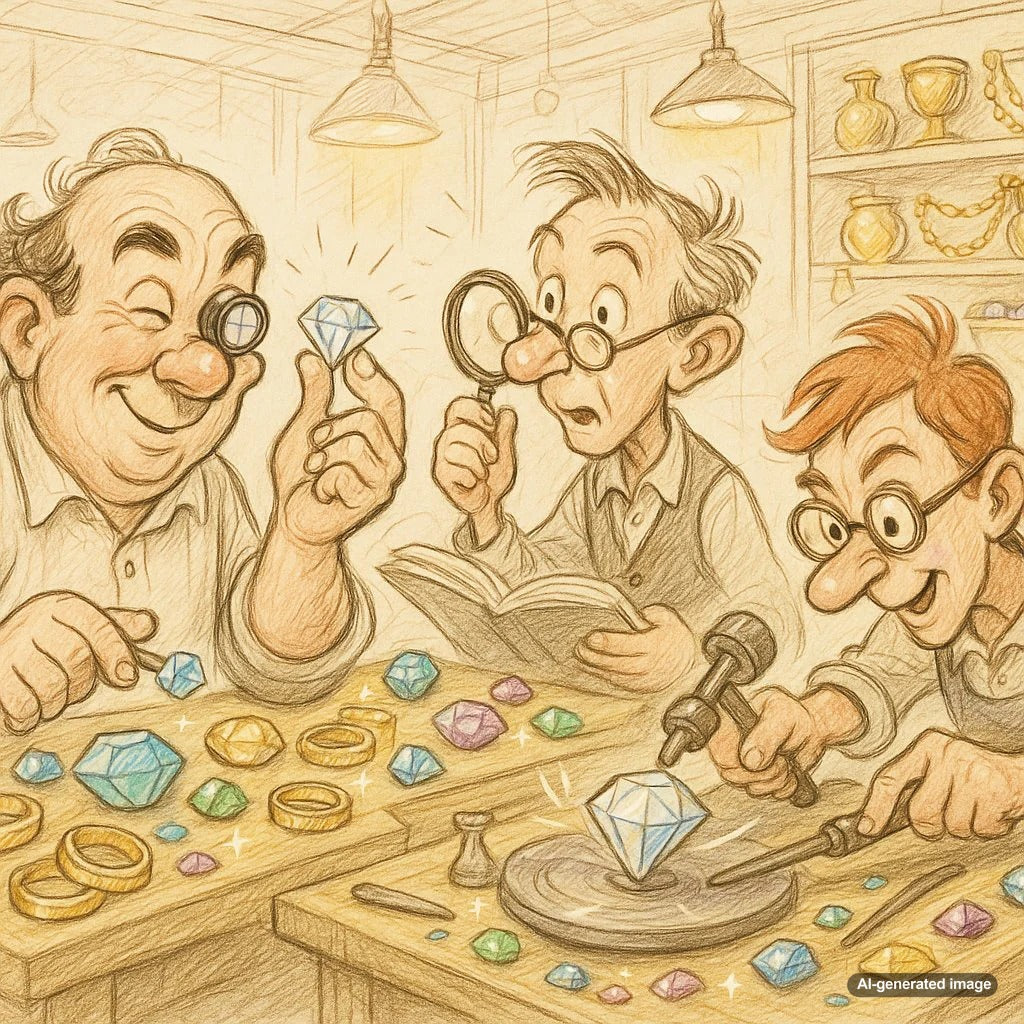 Jeweler, gemologist, and lapidary experts at work with gemstones and jewelry tools
