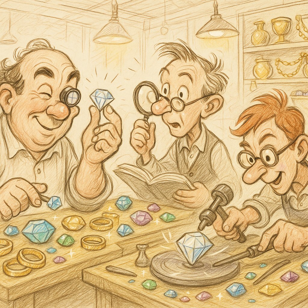 Jeweler, gemologist, and lapidary experts at work with gemstones and jewelry tools