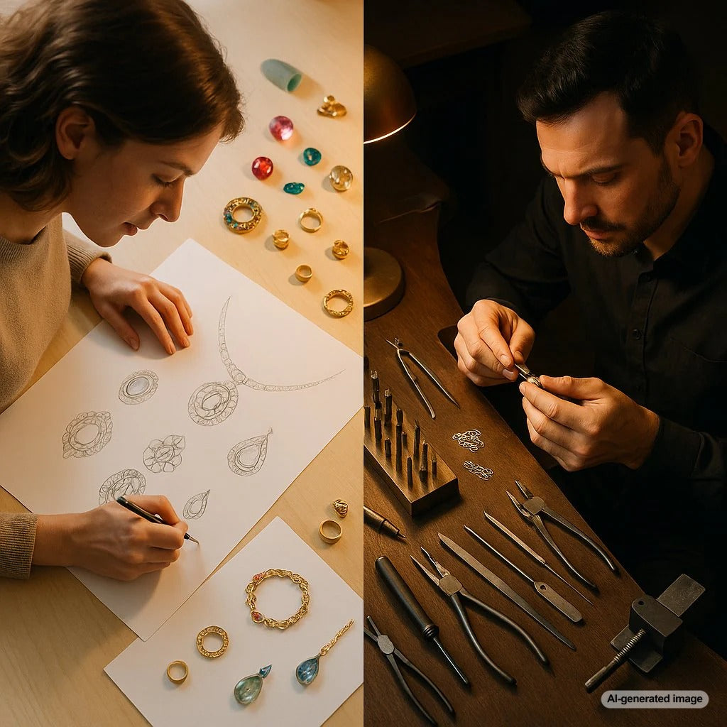 Close-up of a jewelry designer's sketchbook next to a bench jeweler's tools, showcasing the creative partnership in fine jewelry making.
