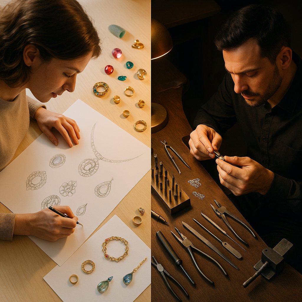 Close-up of a jewelry designer's sketchbook next to a bench jeweler's tools, showcasing the creative partnership in fine jewelry making.