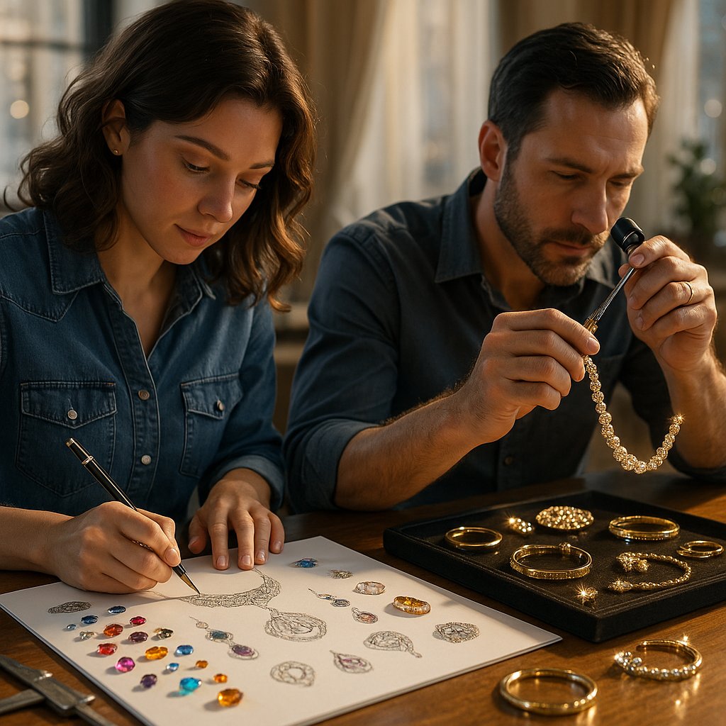 Jewelry designer sketching alongside finished manufactured pieces showing the creative process