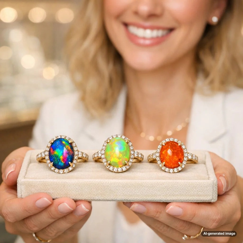 A stunning comparison collage showing the distinct beauty of Australian, Ethiopian, and Mexican opals in various jewelry settings, highlighting their unique colors and patterns.