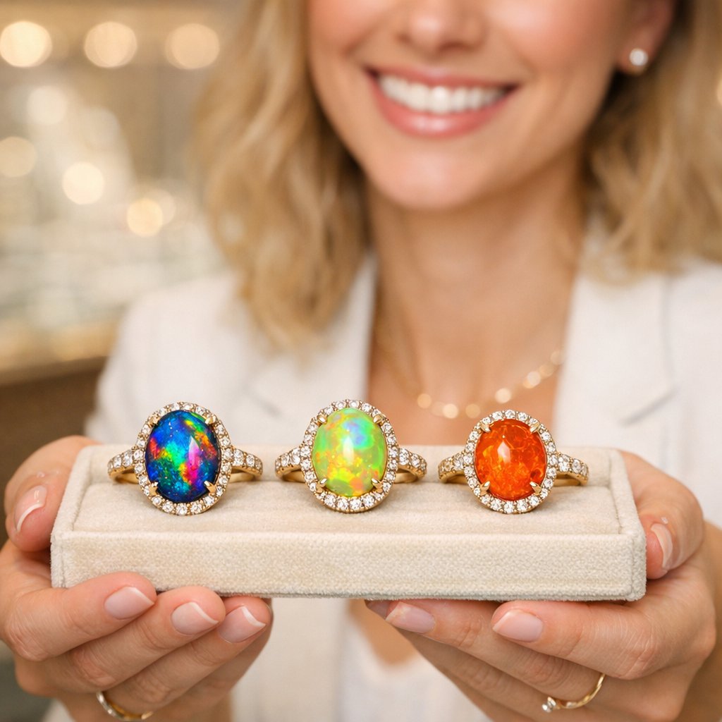 A stunning comparison collage showing the distinct beauty of Australian, Ethiopian, and Mexican opals in various jewelry settings, highlighting their unique colors and patterns.