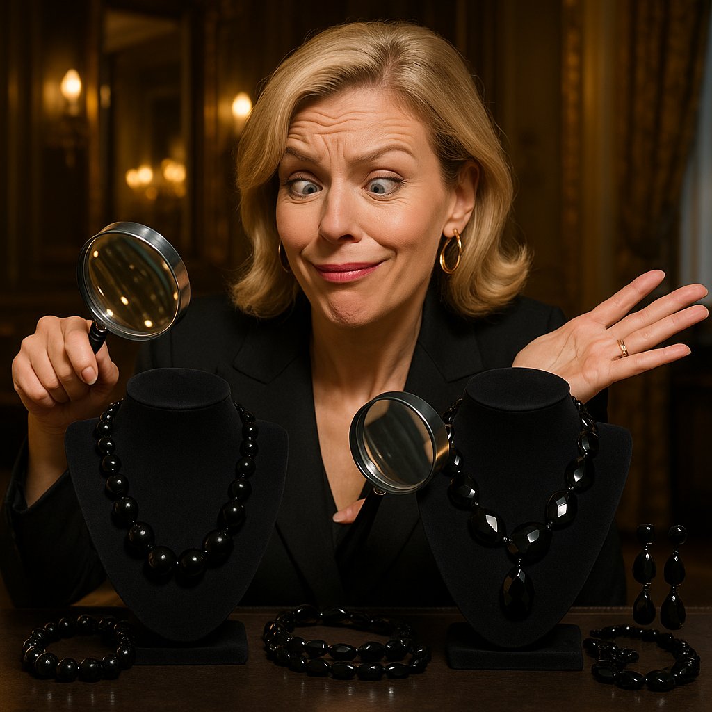 Close-up comparison of black onyx and jet gemstones in elegant statement rings and pendants.