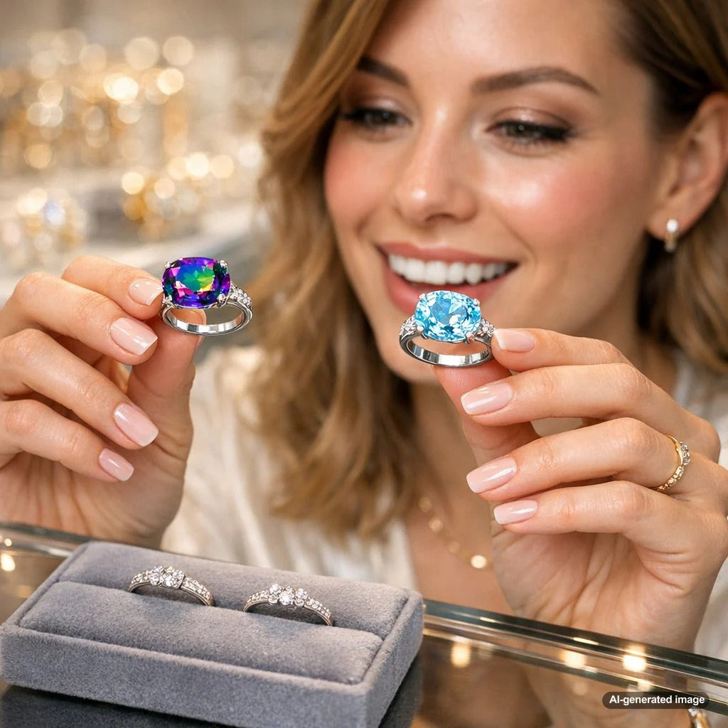 Close-up comparison showing the vivid blue of irradiated topaz versus the surface shimmer of coated mystic topaz in fine jewelry settings.