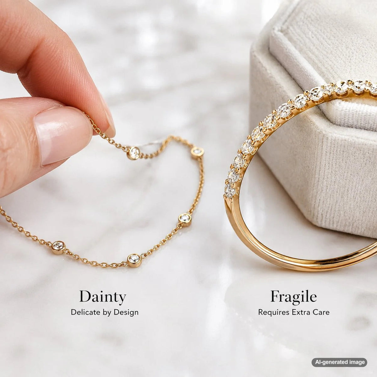 Comparison of dainty durable gold chain necklace versus fragile broken chain on jewelry display at Robinson's Jewelers