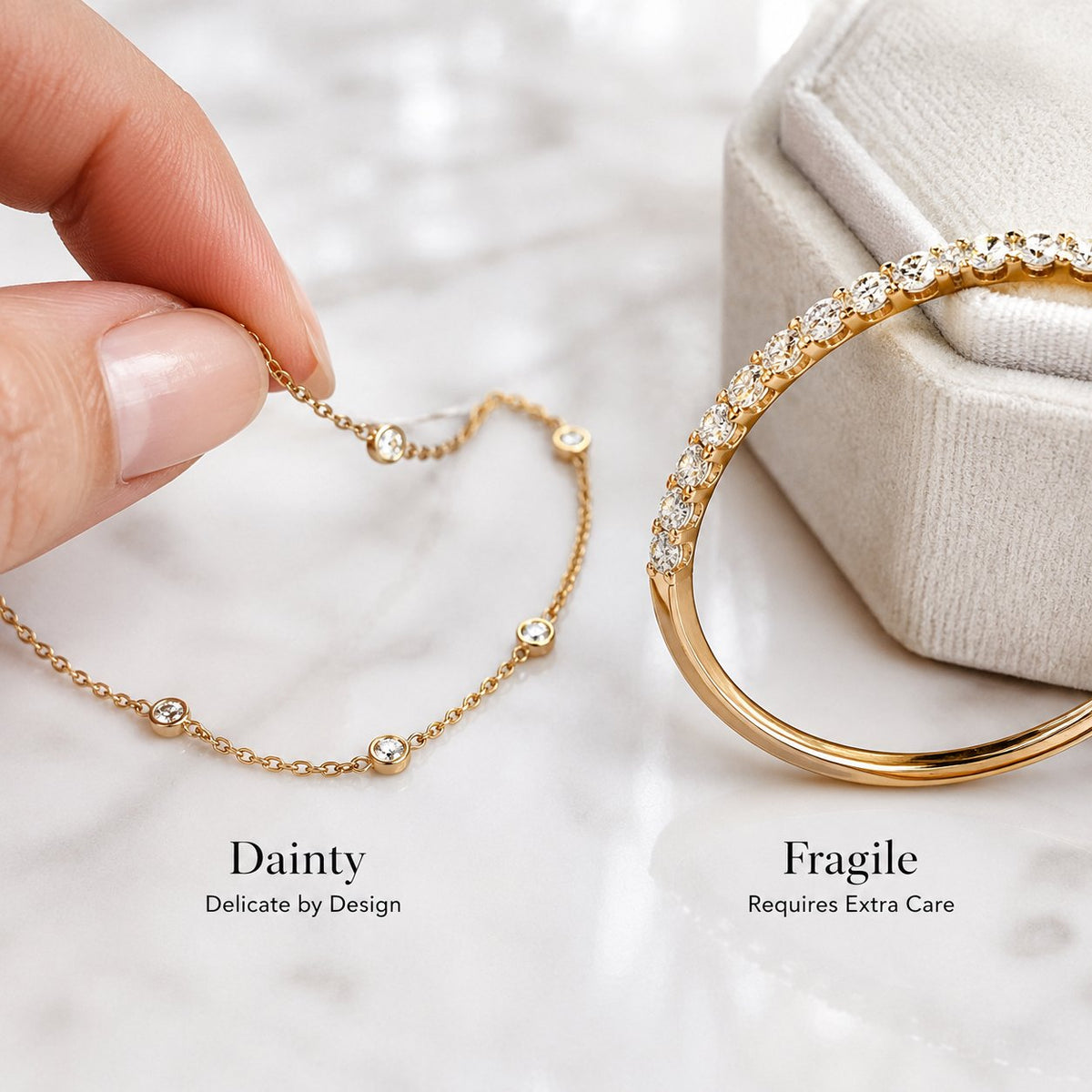 Comparison of dainty durable gold chain necklace versus fragile broken chain on jewelry display at Robinson's Jewelers