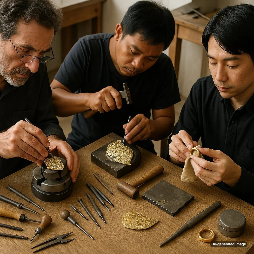 Close up comparison of Italian, Thai, and Japanese goldsmithing techniques showing textural, filigree, and precise styles