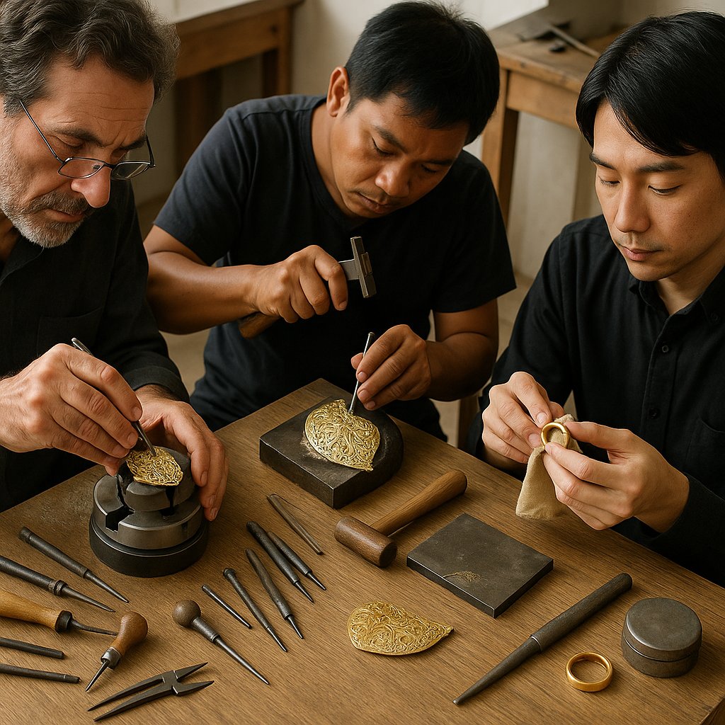 Close up comparison of Italian, Thai, and Japanese goldsmithing techniques showing textural, filigree, and precise styles