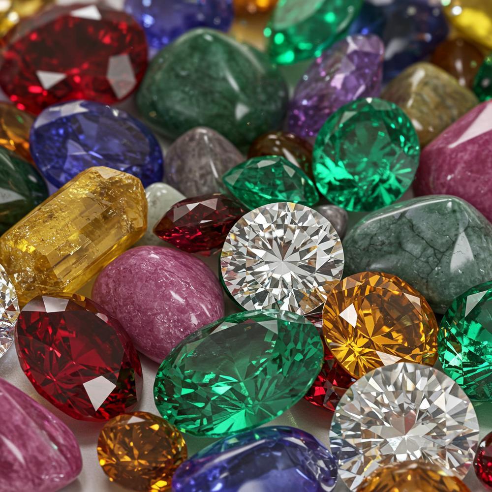 A dazzling display of precious and semi-precious stones, including diamonds, rubies, sapphires, emeralds, amethyst, and citrine, showcasing their vibrant colors and brilliance.
