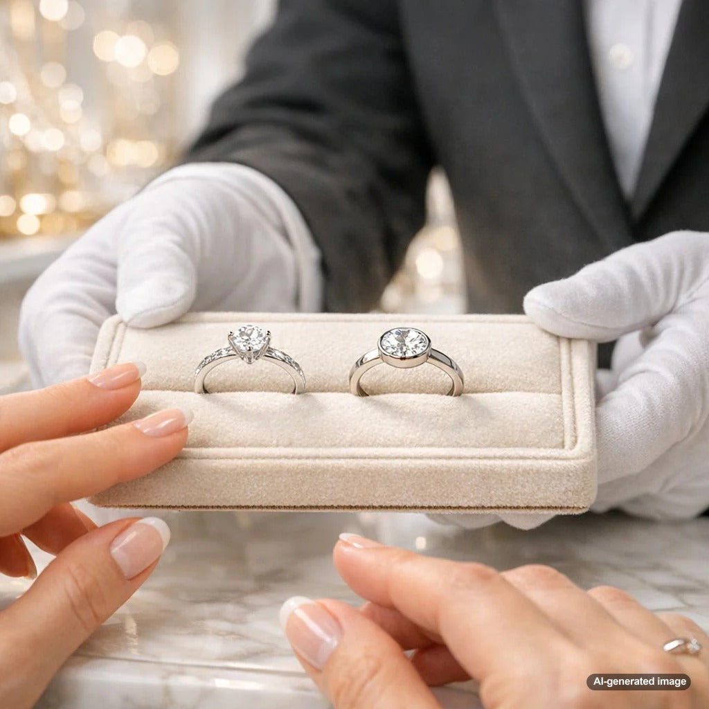 Close-up comparison of a prong setting and a bezel setting on diamond rings