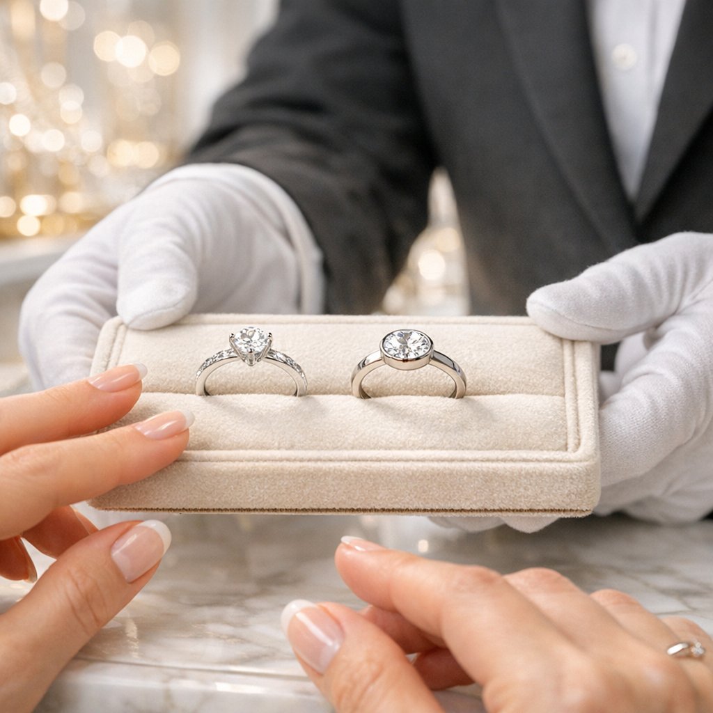 Close-up comparison of a prong setting and a bezel setting on diamond rings