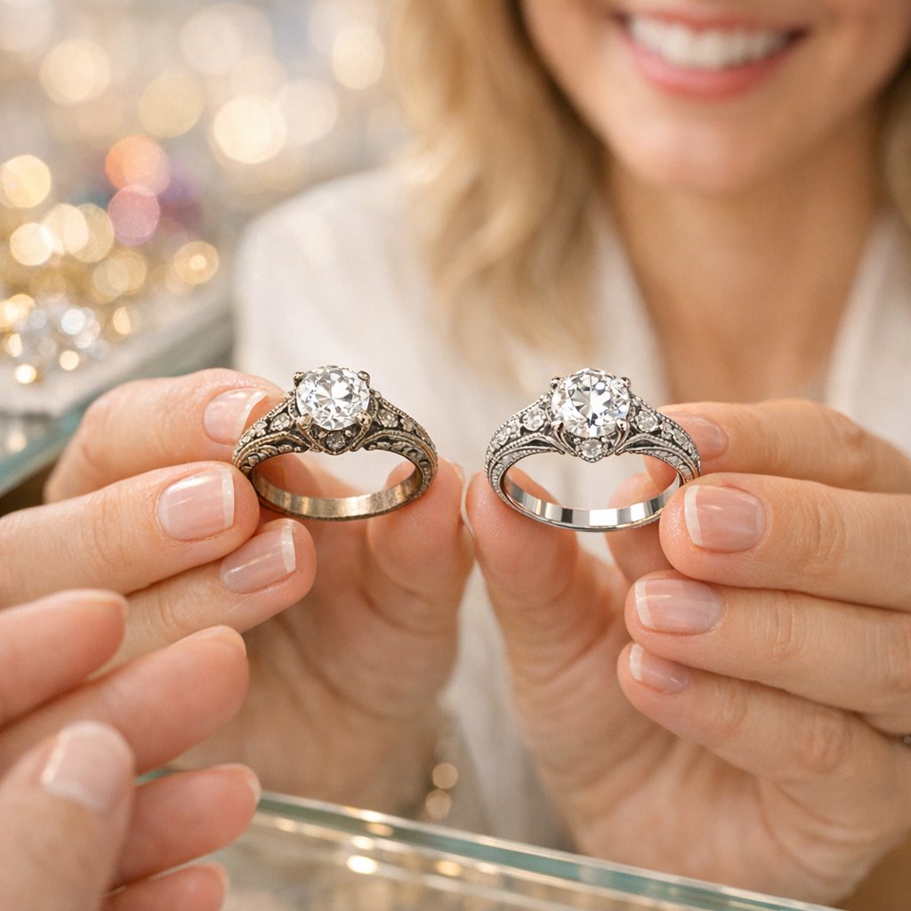 Close-up comparison of a genuine vintage art deco ring and a modern vintage-style reproduction ring side by side on velvet