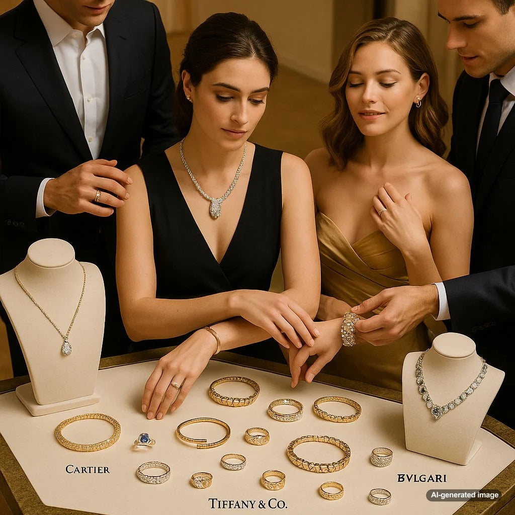 Close-up of luxury jewelry hallmarks from Cartier, Tiffany & Co., and Bvlgari, showing engraved logos and purity stamps on gold and platinum pieces.