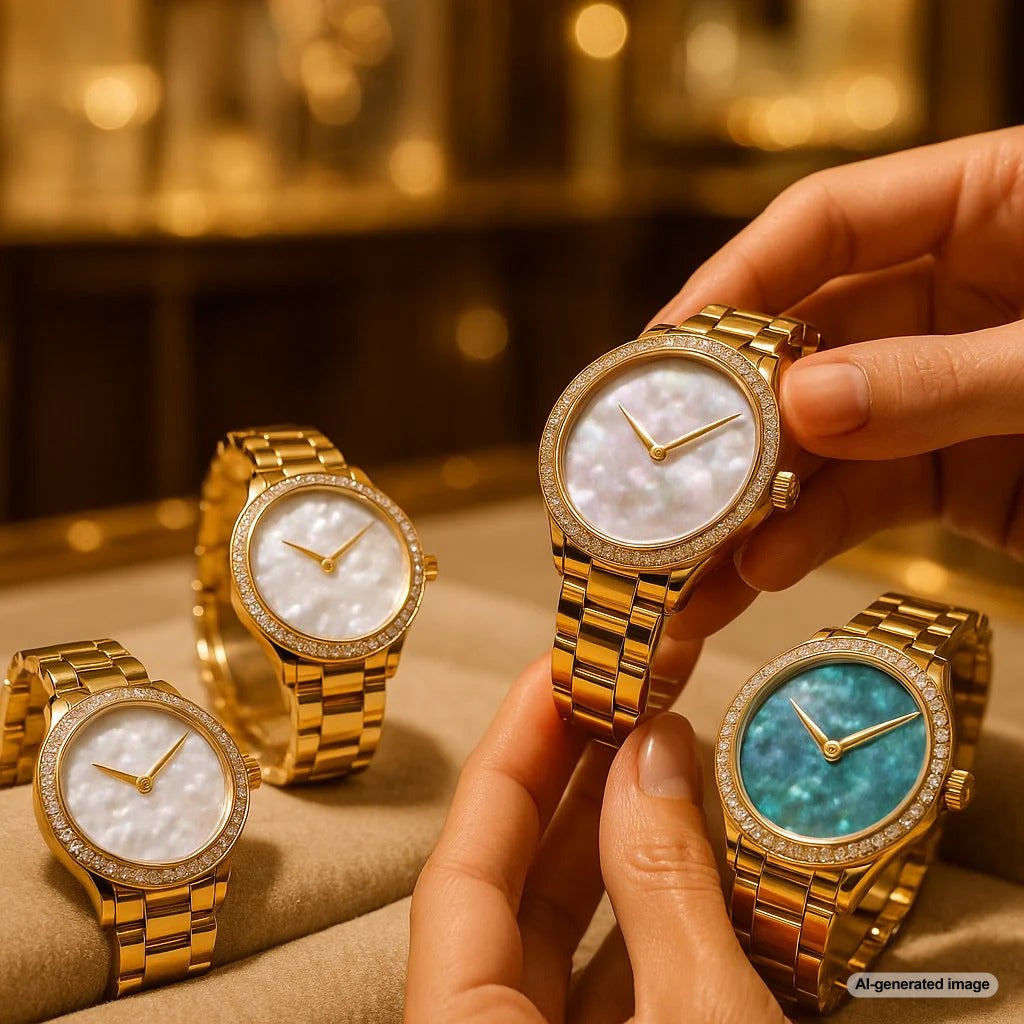 Close-up of luxury watches with vibrant mother-of-pearl dials in white, black, and abalone, showcasing iridescent colors and intricate inlay work.