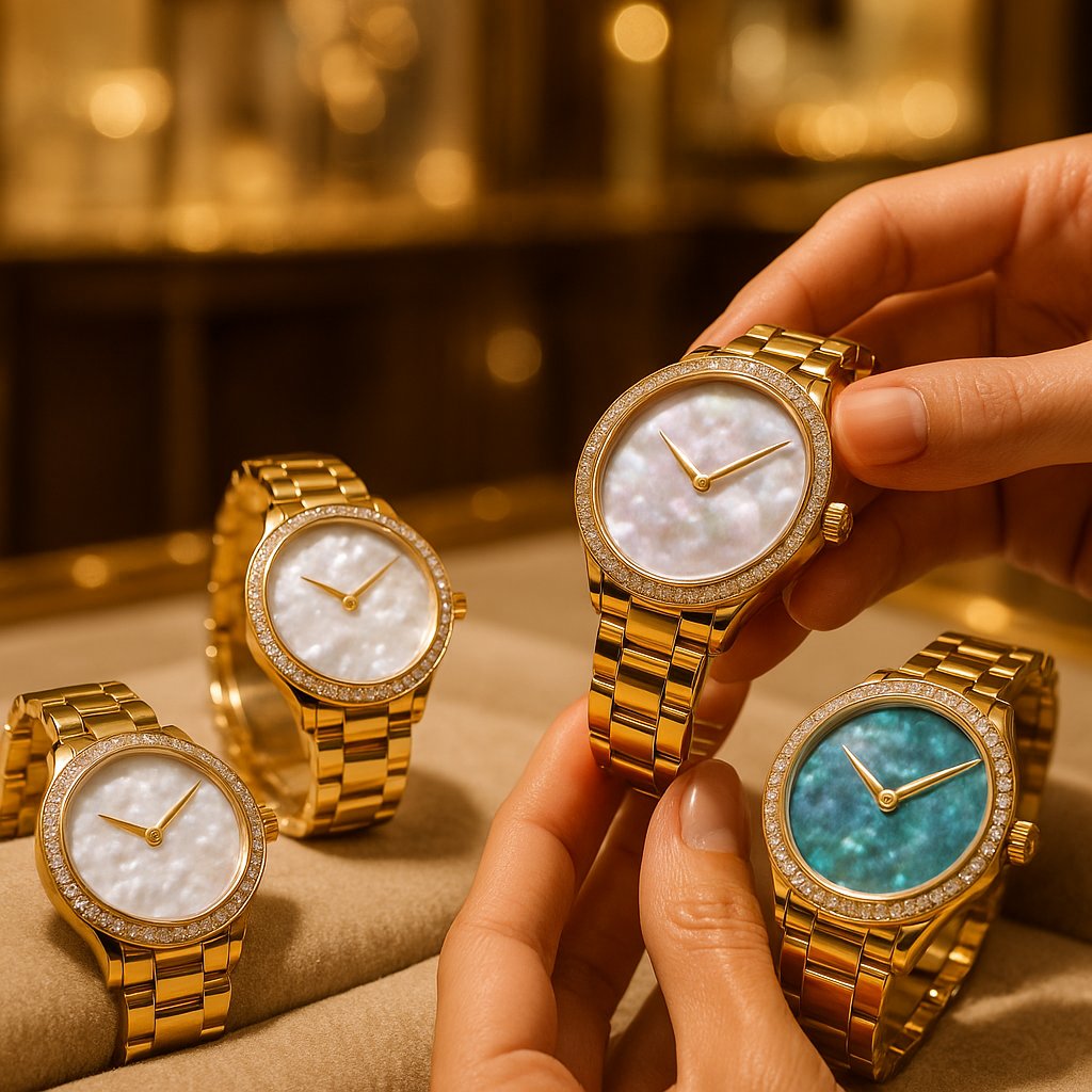 Close-up of luxury watches with vibrant mother-of-pearl dials in white, black, and abalone, showcasing iridescent colors and intricate inlay work.