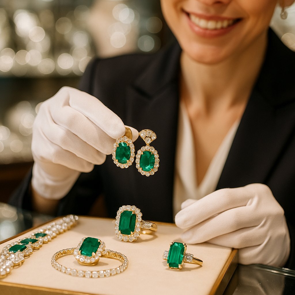 A dazzling close-up comparison of a Zambian emerald and a Colombian emerald, showcasing their distinctive green hues side by side in luxurious jewelry settings.