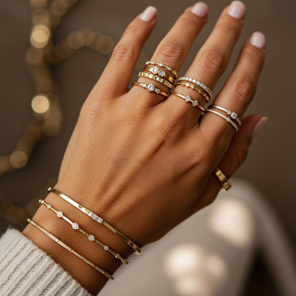 Woman wearing elegant fine jewelry including diamond earrings and a delicate necklace