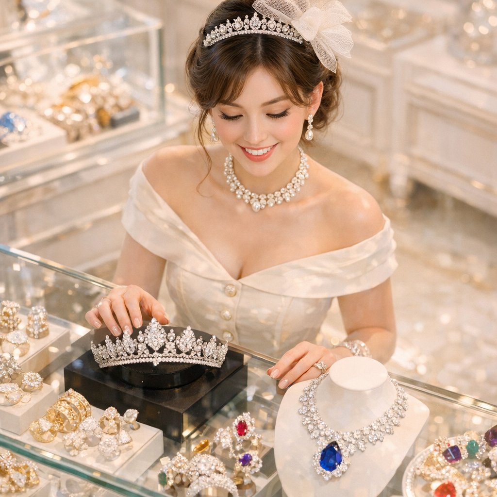 A stunning collection of royal-inspired jewelry featuring diamond tennis necklaces, emerald drop earrings, and a sapphire toi et moi ring, elegantly displayed on a velvet bust.