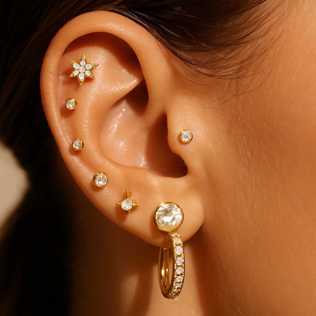 Artistic ear stack featuring multiple stud earrings and hoop earrings creating a constellation effect on woman's ear