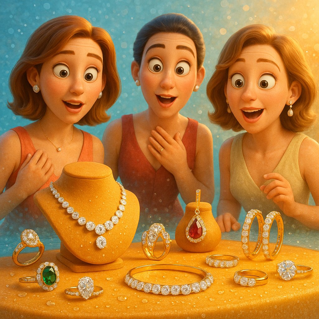 Various jewelry pieces including rings, necklaces and bracelets on beach towel with ocean background