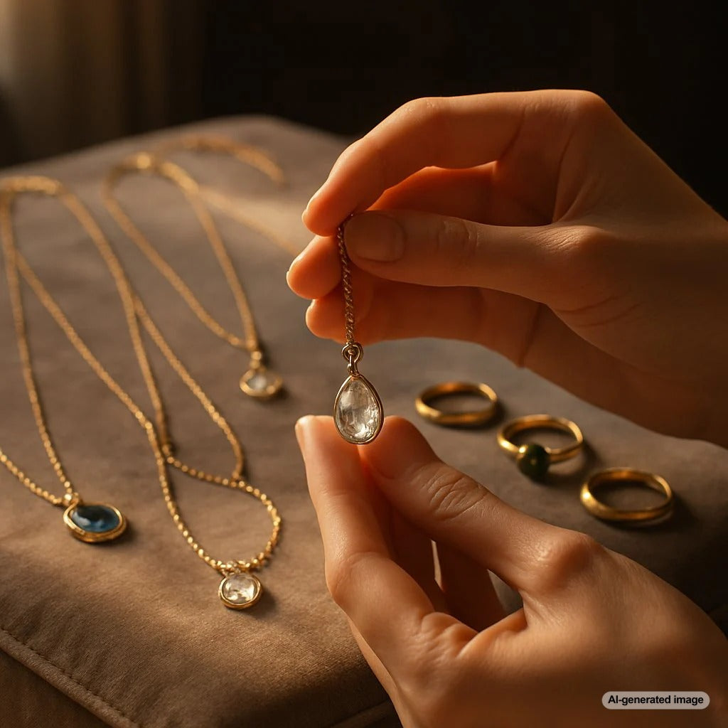 Close-up of elegant memorial jewelry, a pendant holding ashes, resting on a soft fabric with sentimental items in background