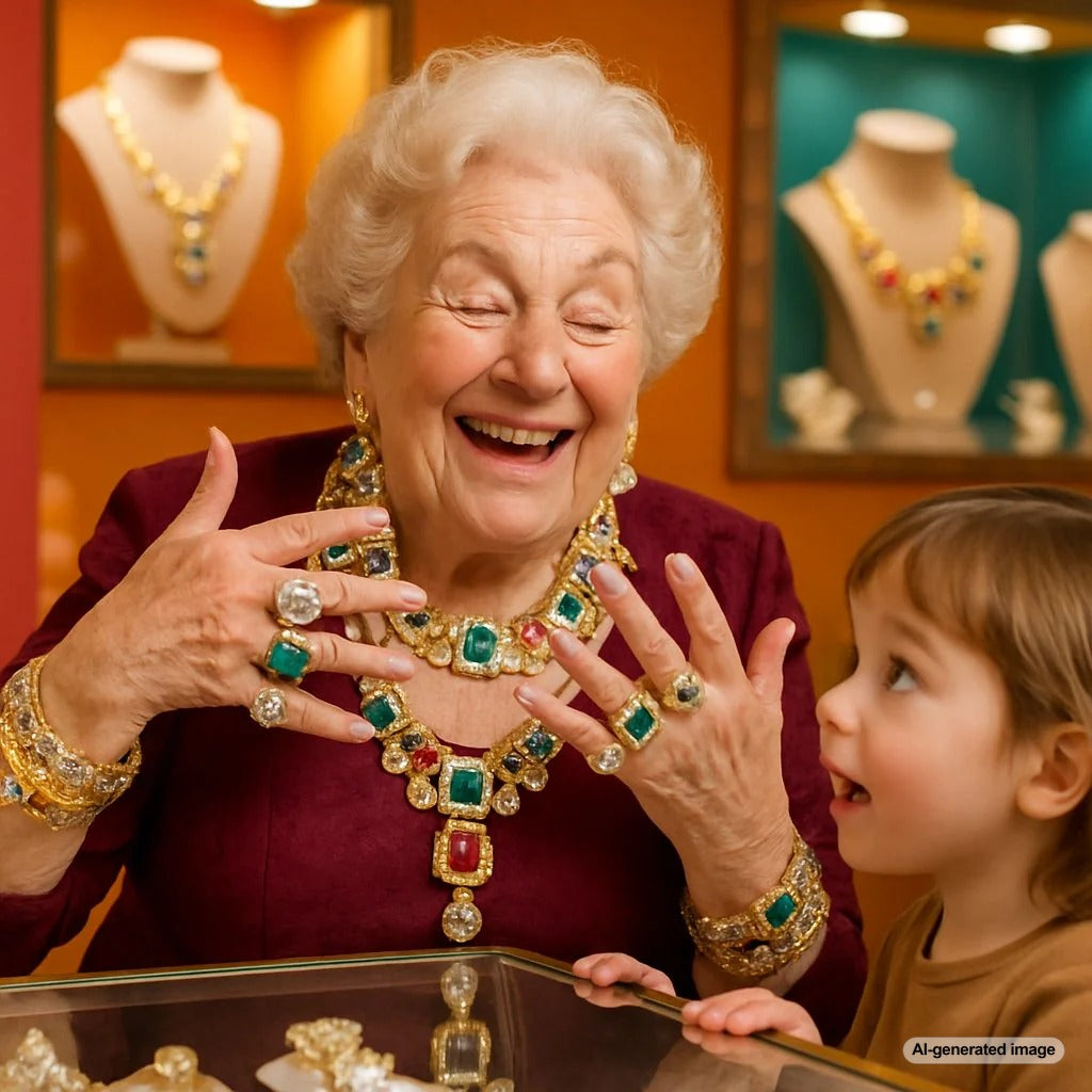 Close up of multiple generations of hands adorned with heirloom rings and bracelets, symbolizing the passing down of jewelry and family stories