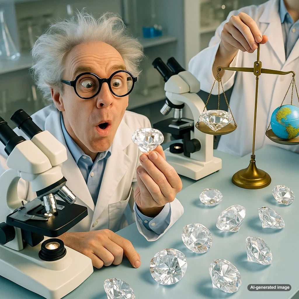 Lab grown diamond comparison showing brilliant cut stones with scientific background