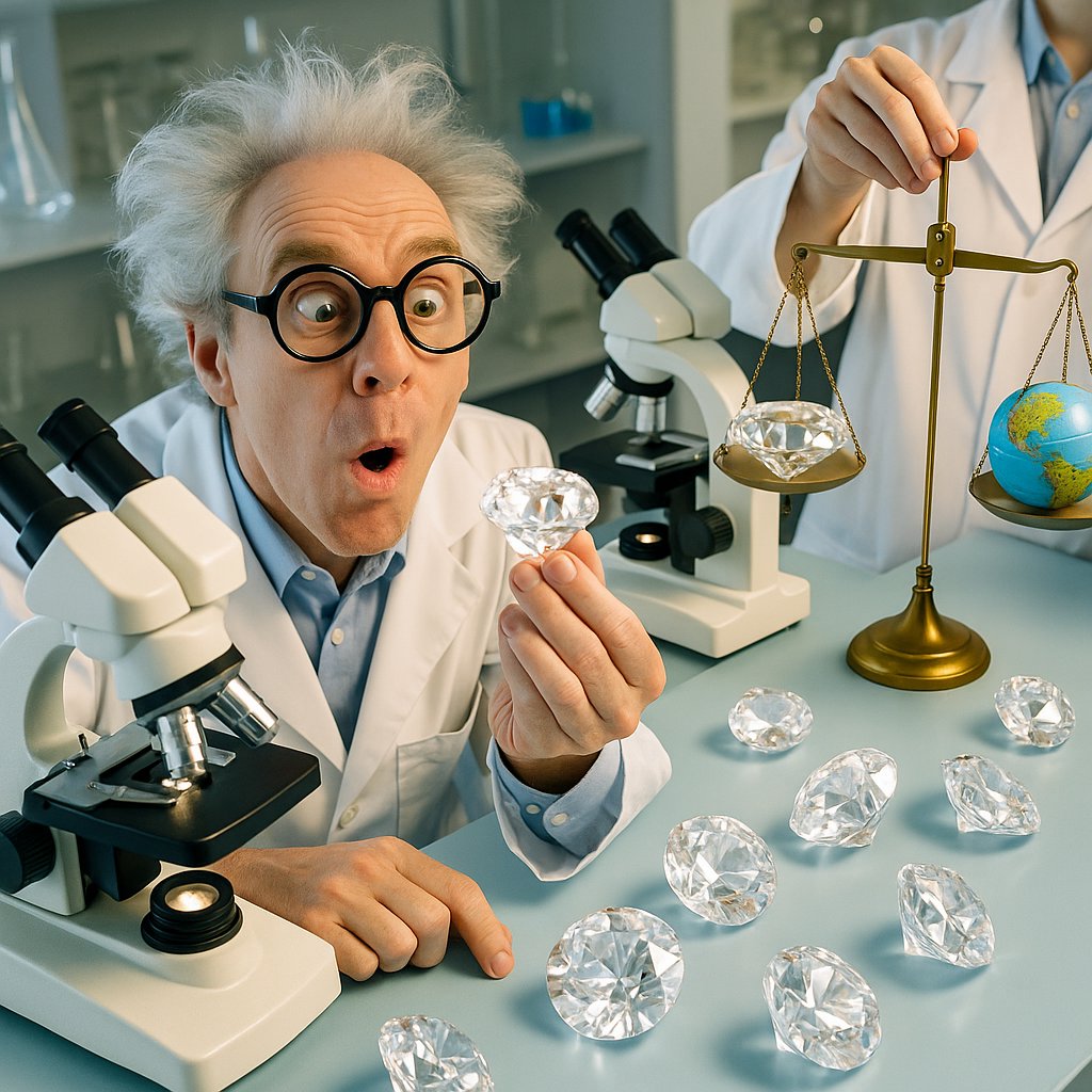 Lab grown diamond comparison showing brilliant cut stones with scientific background