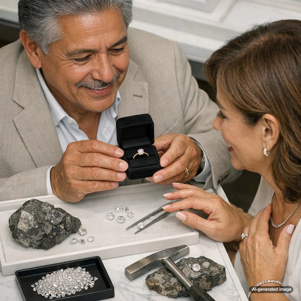 Comparison of lab grown and mined diamonds showing environmental impact factors like carbon emissions and land use