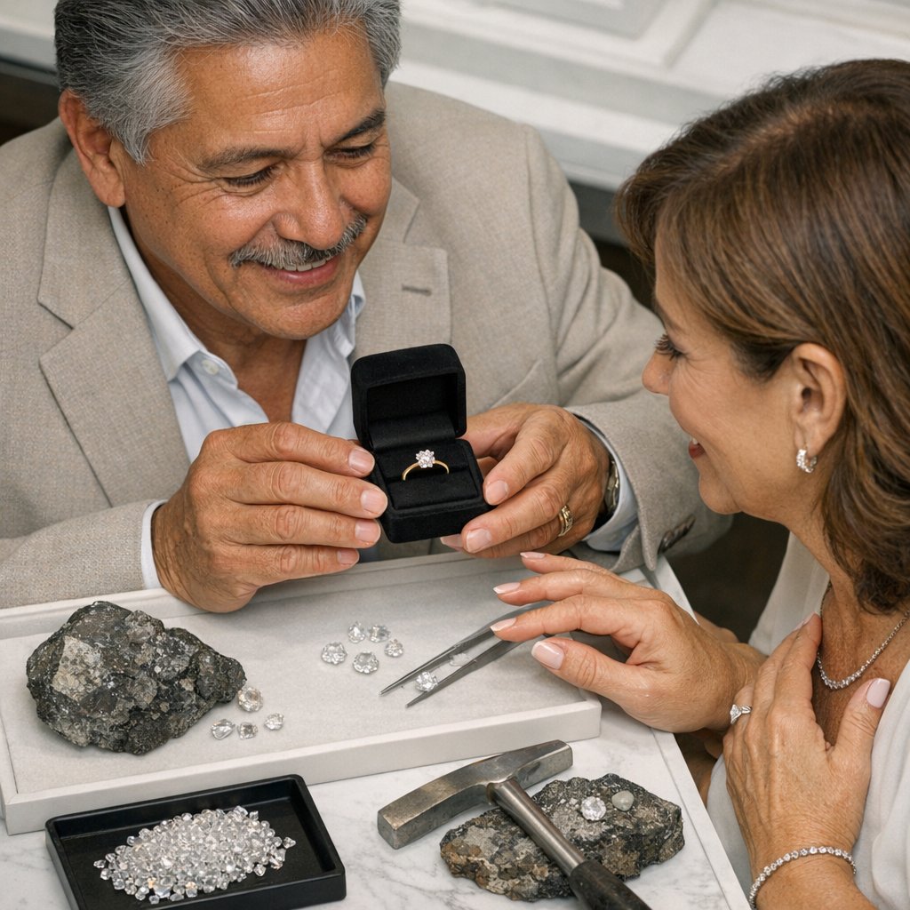 Comparison of lab grown and mined diamonds showing environmental impact factors like carbon emissions and land use