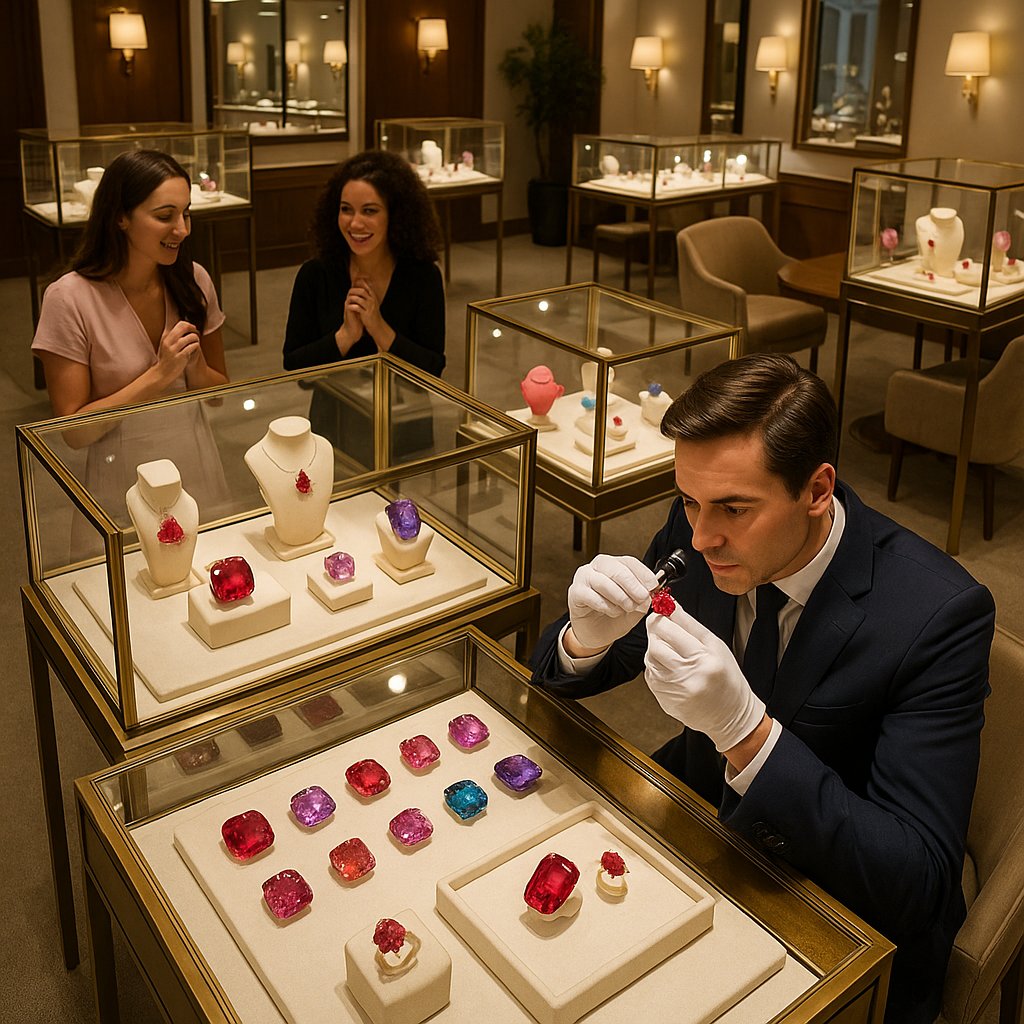 A stunning collection of ethically sourced spinel gemstones in various cuts and hues, from deep red to vibrant pink and blue, displayed on a sustainable silk cloth.