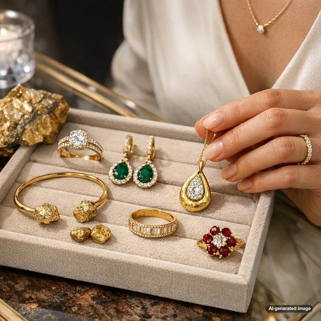A stunning collection of responsibly sourced gold jewelry from Robinson's Jewelers, including engagement rings and necklaces